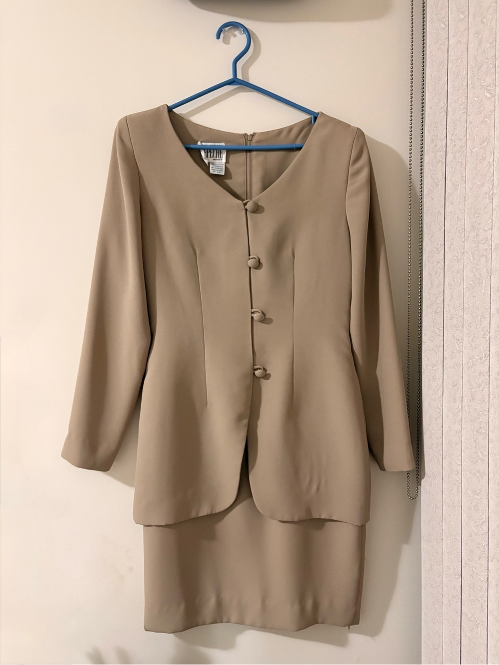 Vintage Taupe Skirt Suit with Button-Front Jacket